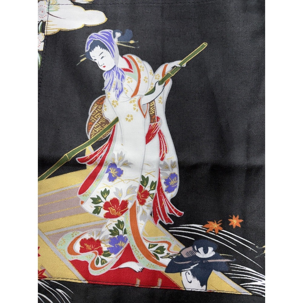 Oriental Bazaar Kimono Robe Womens XL Black Cotton Belted Floral Scenic Print - Picture 9 of 14